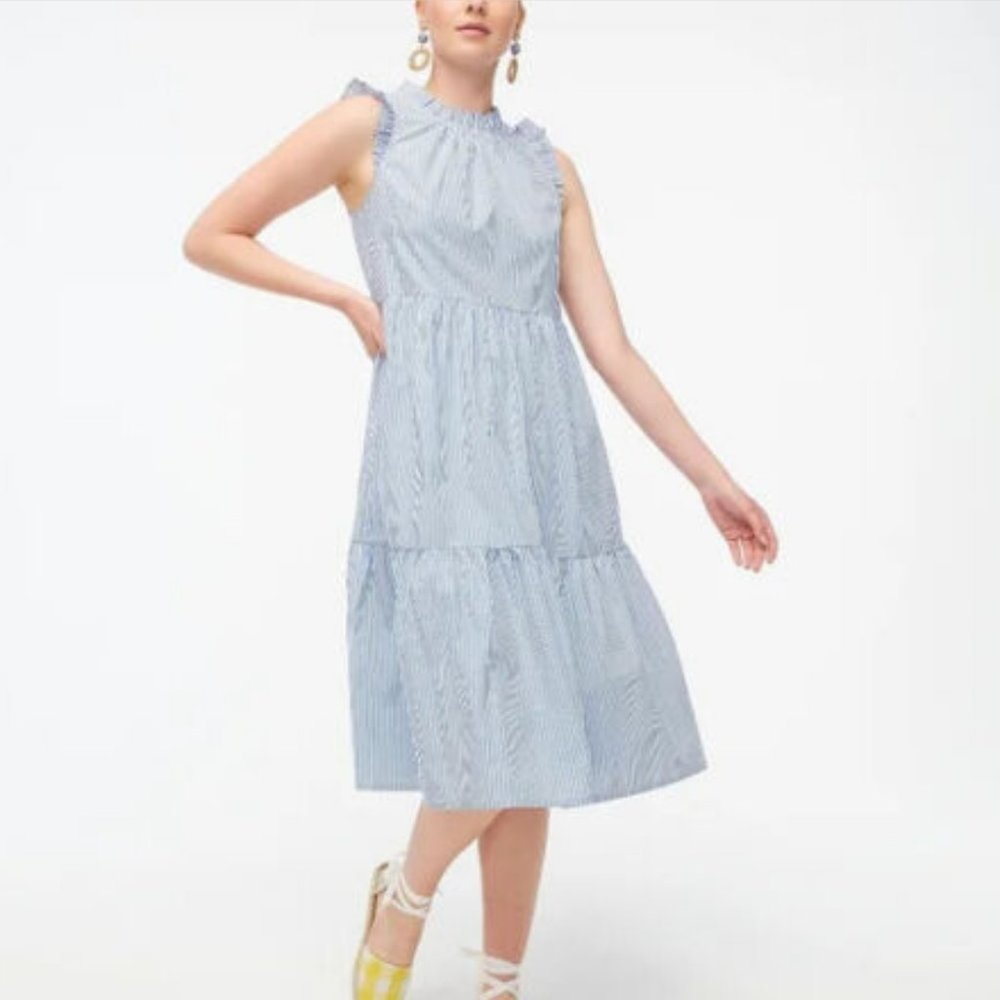 J crew Sleeveless Tiered Midi Dress Cotton Poplin Blue Stripe